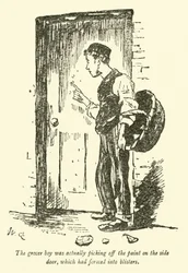 Il ragazzo droghiere stava effettivamente staccando la vernice sulla porta laterale, che si era formata in bolle